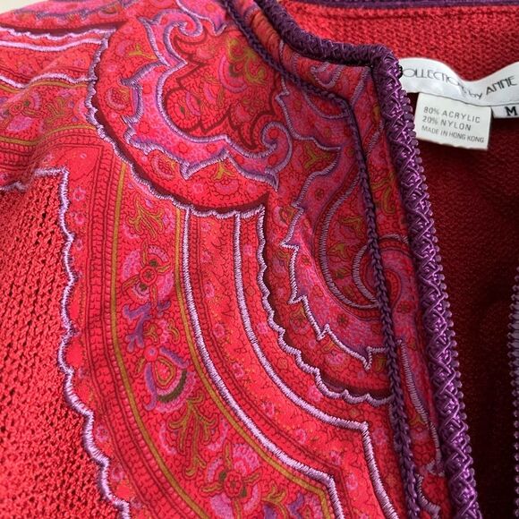 Vintage UMI Collections Anne Crimmins Embroidered Red Zip Cardigan M Boho Artsy - Picture 6 of 7